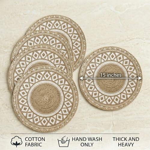 Image of Round Braided Dining Table Mat | Brown Mandala Woven Placemats | Heat Resistant Washable Cotton Blend Table Place Mats for Kitchen & Boho Decor | 15 Inch | Set of 4