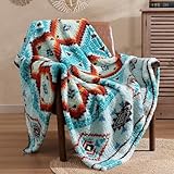 CASAAGUSTO Boho Sherpa Throw Blanket, Aztec Throw, Ultra Soft, Warm, Cozy, Plush, Thick Fleece Bohemian Throw Blanket for Couch, Bed, Sofa (Aqua 50 * 60 Inch)