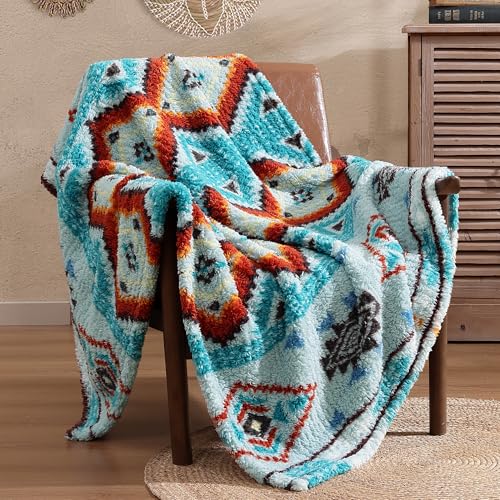 CASAAGUSTO Boho Sherpa Blanket,Teal Aztec Twin Blanket, Ultra Soft, Warm, Cozy, Plush, Thick Fleece Western Blanket for Couch, Bed, Sofa (Aqua 60 * 80 Inch)