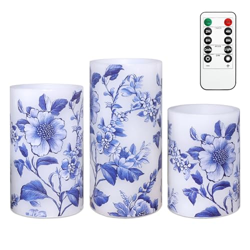 Image of Flameless Candles Blue and White Porcelain Floral Chinoiserie Decor Battery Operated with Remote Real Wax Dripless Candle Vintage Decorative for Christmas Gift Wedding Home Party Decor