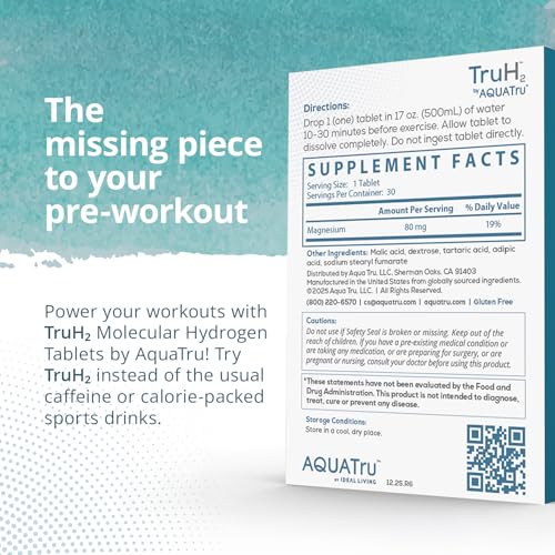 Image of TruH2 by AquaTru Molecular Hydrogen Tablets | with Magnesium | Pre-Workout Supplement | Power Your Workouts with Molecular Hydrogen (H2) | 8 PPM Tablets | Dissolve in Water | 30 Tablets (30 Servings)