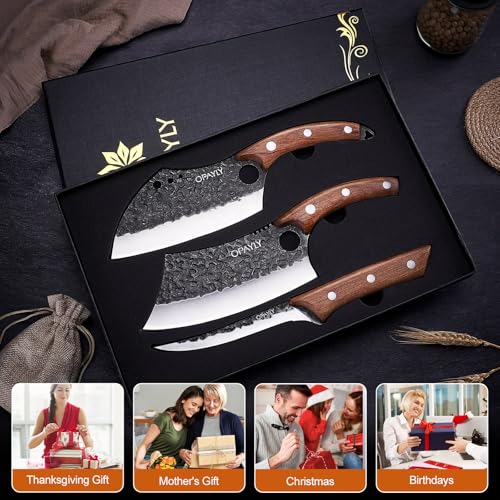 3PCS Hand Forged Butcher Knife Set Meat Cleavers, Serbian Chef Knife Viking Boning Knife High Carbon Steel Kitchen Knife for Meat Cutting, Outdoor BBQ Vegetable Camping, Gift for Men - image 2