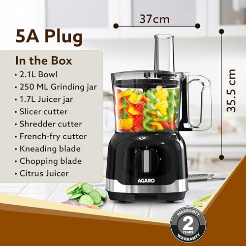 AGARO Grand Food Processor, Multi-functional Chopper, Grinder, Slicer, Shredder, Blender, 1000W, Mincing, Dicing, Shredding, Kneading, SS Blade, Black - Image 5