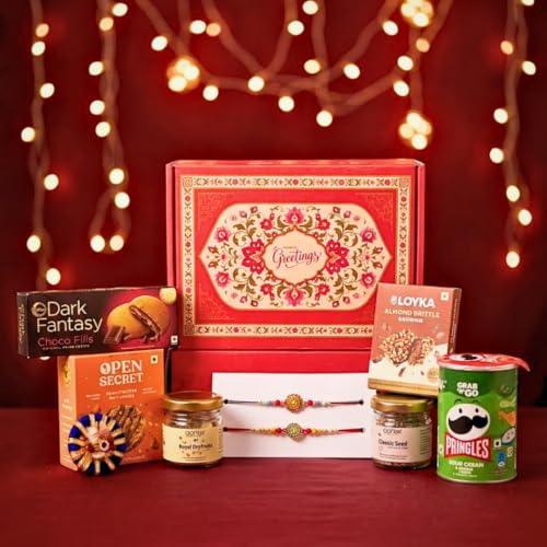 Image of Goshudh Rakhi Gift Hamper for Bhaiya & Bhabhi | 8pc | Classic Seed Trail Mix, Royal Dry Fruit Mix, Pringles, Open Secret Peanut Butter Cookies, Almond Brittle Brownie, Dark Fantasy, Set of 2 Rakhi with Roli Chawal | Raksha Bandhan Gift Box