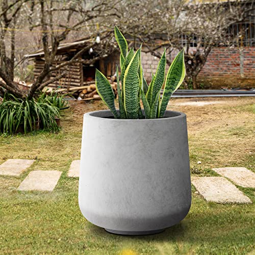 Image of Kante Pale Gray Concrete Planter 16.5 inch Dia All-Weather Round Large Pot | Handcrafted Cement Curved, Anti-Frost & UV Outdoors, Plug for Indoor, Lightweight & Durable, Modern Home, Garden, Porch