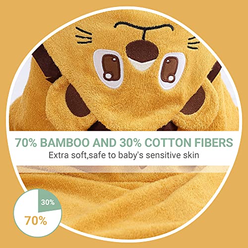 Image of MICHLEY Bamboo Viscose Baby Hooded Bath Towel for Boys and Girls, 29.5 x 29.5 Inch Ultra-Soft and Quick-Drying Infant Bathrobe (Lion)