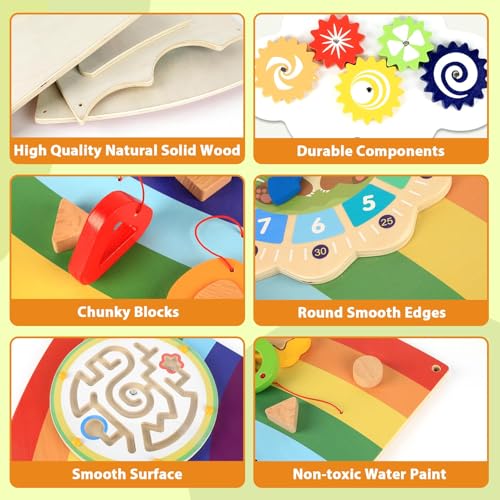 Image of 5FT Large Sunshine Rainbow Wooden Activity Wall Panel Christmas Gift Educational Montessori Toy for Toddler Kids Interactive Sensory Activity Busy Board Daycare Learning Center Toddler Room Decor