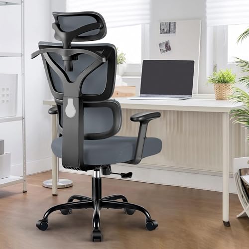 DoChair Silla Oficina ergonómica con Respaldo de Malla Elástica, Reposacabezas Ajustable y Silla Escritorio de Altura con Percha, Gris Oscuro