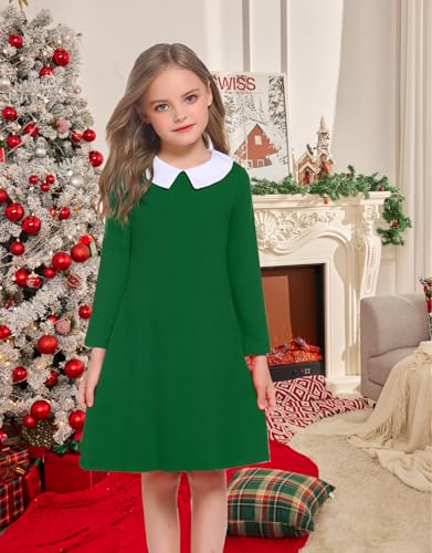 Image of Arshiner Girls Long Sleeve Vintage Peter Pan Collar T-Shirt Dress Age 4-13 Years