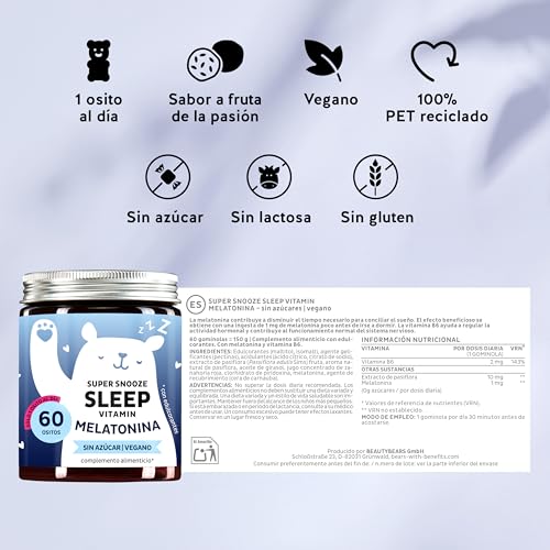 Miniatura 7 de Super Snooze Sleep Vitamin Sueño Natural 1 Mg De Melatonina Con Vitamina B6 60 Unidades 2 Meses Sin Azúcar, Veganas Bears With Benefits