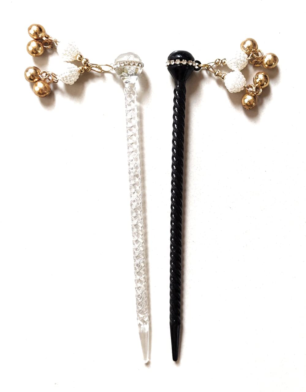 Triply9_Lovely Plastic Bun Stick With White Pearl And Golden Jumaki (16.5 CM, White+ Black, Pack Of 2) (B0B54W43M2) Amazon Price History, Amazon Price Tracker