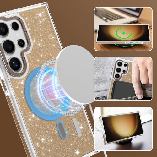 Image of Magnetic Case for Samsung Galaxy S23 Ultra [Compatible with Magsafe] [Bling Glitter Fluorescent Design] [1 Screen Protector] Slim Translucent Matte Case for Galaxy S23 Ultra 6.8 inch, Desert