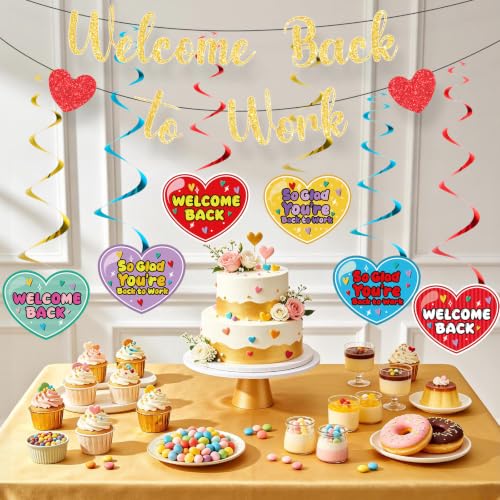 Image of Welcome Back To Work Decoration Banner So Glad You're Back To Work Banner and Hanging Swirls for Office Party Supplies - Gold