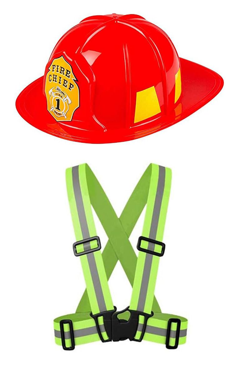 jokeshop Adults Fireman Set (Red Helmet & High Yellow Vis Braces) Firefighter Fire Chief Hat Unisex Fancy Dress Emergency Services