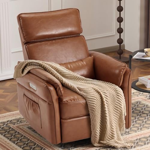 Image of MELLCOM Power Recliner Rocking Chair with Adjustable Arms and Headrest, Swivel Electric Glider Reclining Nursing Chair Nursery Gliders with USB Port and Storage Bags, FSC Certified(Leather, Brown)