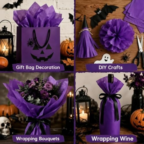 Image of Purple Tissue Paper - 100 Sheets Gift Wrapping Paper for Halloween Decor | Halloween Decorations for Gift Bags Boxes - Gift Wrapping Tissue Paper Bulk for DIY Crafts Wedding | Halloween Party Supplies