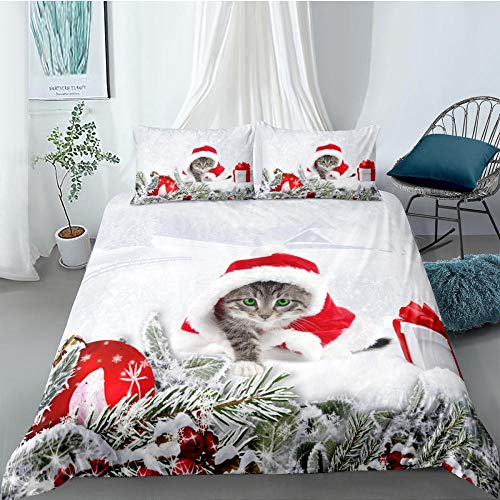 BLZQA Housse de Couette 240 x 220 cmChat de noël Parure de lit Microfibre 3 pièces avec Fermeture éclair Housse de Couette x1 et taie x2 Adulte Les Enfants Chambre à Coucher Cover