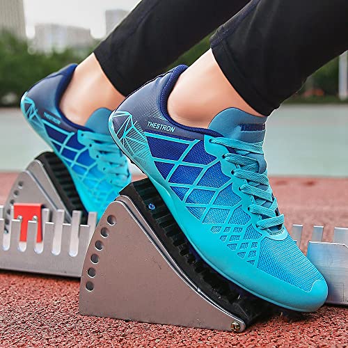 Men Women Kids Track & Field Shoes Professional 8 Spikes Sprint Running Racing Sneakers (7.5,Light Blue)