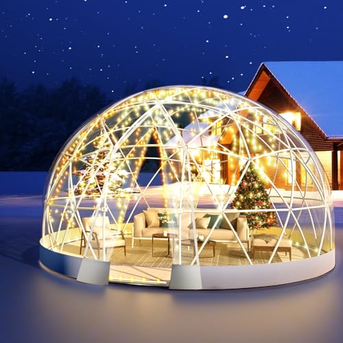 12FT-Garden-Dome-lgloo-Geodesic-Dome-Greenhouse-with-PVC-Clear-Cover-Waterproof-Garden-Bubble-Dome-Tent-House-with-2-x-10M-Light-Strings-for-Outdoor-Patio-Backyard-Party-White-125FT38M 12FT Garden Dome lgloo Geodesic Dome Greenhouse with PVC Clear Cover Waterproof Garden Bubble Dome Tent House with 2 x 10M Light Strings for Outdoor Patio Backyard Party White 125FT38M
