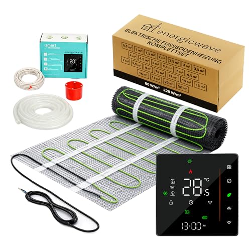 Elektrische Fußbodenheizung 150 W/m² – Heizmatte Komplettset mit WLAN-Thermostat, Fußbodenheizmatte für Fliesen, Steinzeug, Steinböden – 2m²