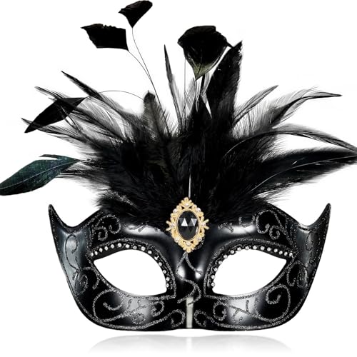 MYSEUNI 2025 Schwarze Maskerade-Masken für Damen mit Federn, venezianische Maske für Maskenball, Halloween