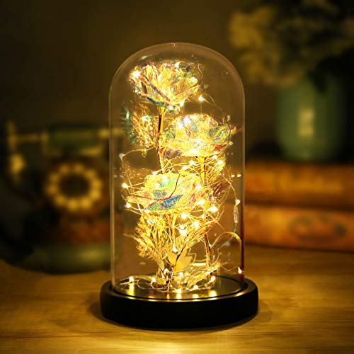 Gifts for Women Birthday Unique Colorful Gold Foil Rose Beauty and The Beast Rose with Lights, Infinite Rose Flower Valentines Gifts, Friendship Gifts for Women Friends Female Girlriend