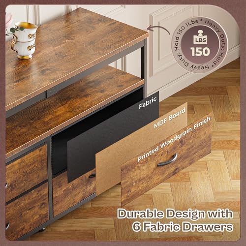 Huuger 63 Inch TV Stand for 55, 65, 70 Inch TV, Long Dresser TV Stand for Bedroom, LED TV Stand with Power Outlets, Rustic Fabric Drawer Dresser with Storage, Entertainment Center for Living Room