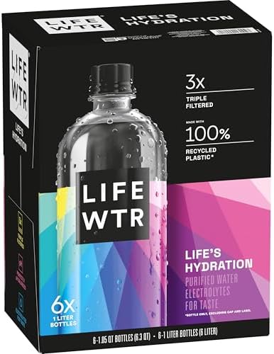 LIFEWTR Premium Purified Water, pH Balanced with Electrolytes, 100% recycled plastic bottles, 33.8 Fl Oz, 1L (Pack of 6)