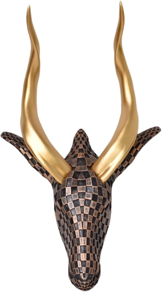 GIGICICI 13.7x5.5-Inch Antelope Head Wall Sculpture Modern Resin Animal Decor Art Vintage Mosaic Statue for Living Room Bedroom Office, Brown Checkered Gold Horns 3D Wall Art