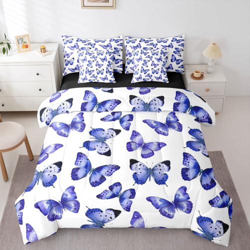 Image of Purple Butterfly 7 Pieces Bedding Set Twin Size,Dreamy Princess Bed in a Bag,Flying Butterflies Bed Set Includes Comforter,Sheet Set,Pillowcases & Pillow Covers,Watercolor Oil Painting Bedroom Decor
