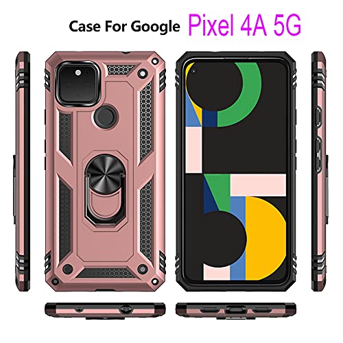 Cqukbile Phone Case For Google Pixel 4A 5G Cases With Pixel4A5G Tempered Glass Screen Protector Ring Kickstand Slim Thin Pixie Pxl For 4 A A4 Shockproof Protective Cover Pink Rose Gold #TOP2