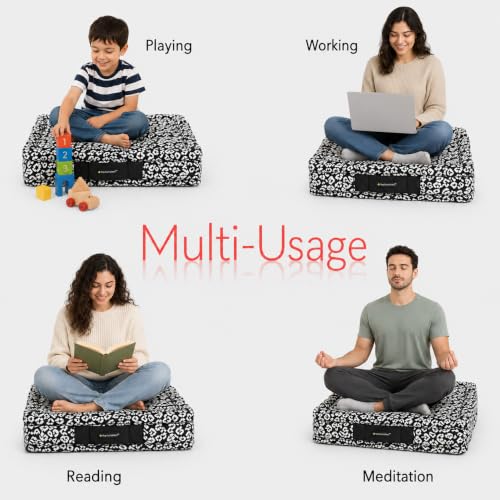 Image of Woven Quilted Floor Cushion 50x50x10cm Black and White Animal with Cotton Filler Large Size for Seating, Patio Seat, Meditation, Yoga, Pooja, Guests, Living Room, Bedroom - 20x20x4 Inch