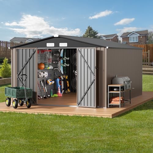 Image of GVDV 10x14 FT Outdoor Metal Storage Shed, Durable Garden Shed with Reinforced Sidewall Girts & Updated Frame Structure, All-Weather Shelter for Backyard, Tool, Patio, Bike Storage