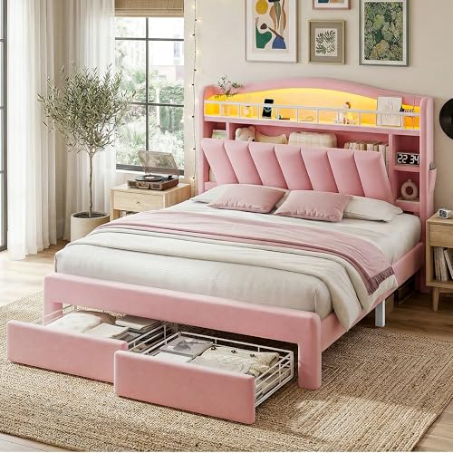 Image of Pink Queen Size LED Bed Frame with Storage Headboard, Upholstered Velvet Wood Princess Bed for Girls with 5 Charging Ports (USB-C & AC), Hidden Compartment, Sturdy Aluminum Frame & 2 Silent Drawers
