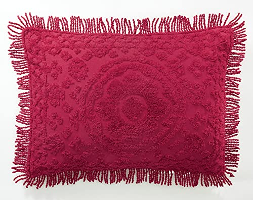 Image of Montgomery Ward Red Chenille Pillow Sham, King Size | 100% cotton king-size sham with tufted floral chenille design, fringe trim, and soft texture for coordinated bedroom decor
