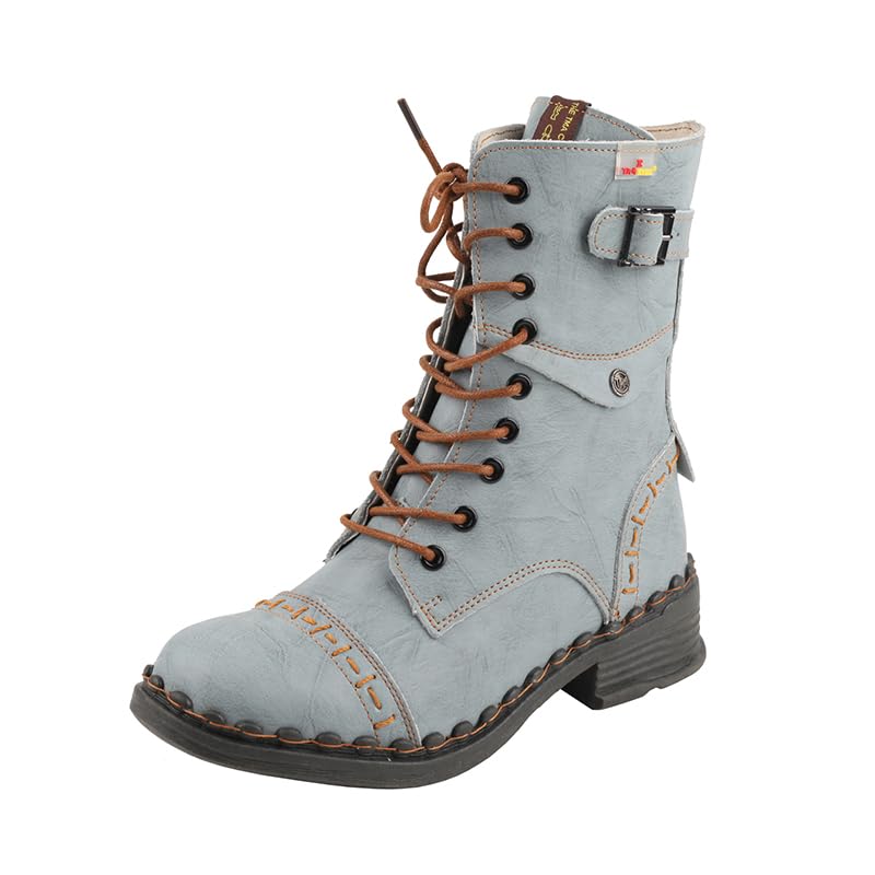 TMA EYES Women's Clasical Lace-Up Zipper Breathable Lining Flat with Hand-stitched Mid-calf Boots