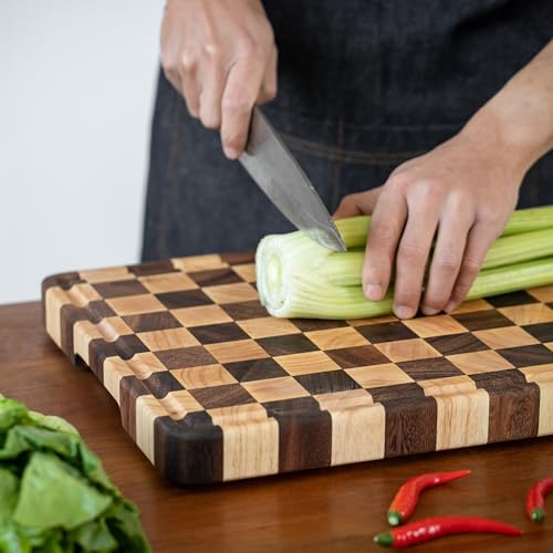 Tabla de Cortar Muso Wood Grande de Grano Final 16x12 Pulgadas, Tabla Cuadrillé con Patas, Hecha de Acacia y Madera de Caucho, para Cocina con Ranura para Jugo y Mango miniatura 3