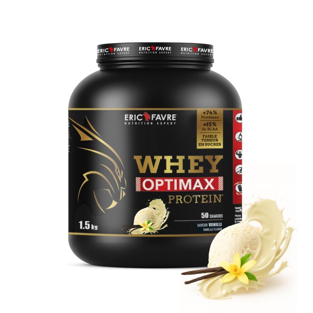 WHEY OPTIMAX PROTEIN +74% Protéines Bi-sources : WPC + Protéine Brevetée, 17g BCAA, 11g Glutamine, Peu Sucrée, Onctueuse - Idéal pour Prise de Masse Musculaire - 1,5kg - Saveur Vanille - Eric Favre
