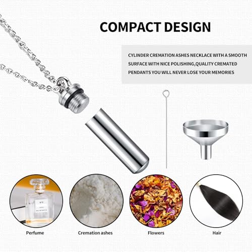 10 Pieces Urn Necklace for Ashes, 10 Pieces Urn Necklace, Stainless Steel Cremation Jewelry for Women Men, Cylinder Memorial Necklaces Keepsake Pendant with Funnel(Silver)3