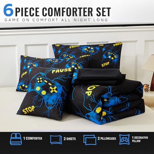 Image of ZRNBAST Gamer Bedding Set Queen Size, Blue Lightning Video Game Comforter Set with Sheets, 6 Pieces Bed in a Bag for Boys, Gamepad Gaming Bedrooom Bed Set(Blue,Queen)