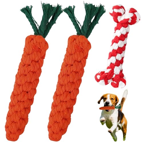 3 Giocattoli per Cani in Corda di Cotone Indistruttibili, 2 Carote e 1 Osso a Nodo, Durevoli e Sicuri per la Pulizia dei Denti, Giochi Interattivi per Cani di Taglia Media e Grande
