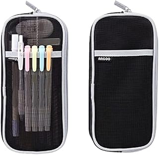 Clear Pencil Case, Grid Mesh Large Pen Pencil Case, Makeup Color Pouch Cosmetics Bag Multi-Purpose Travel School Teen Girls Transparent Stationary Bag Office Organizer Box (Black-Grey)
