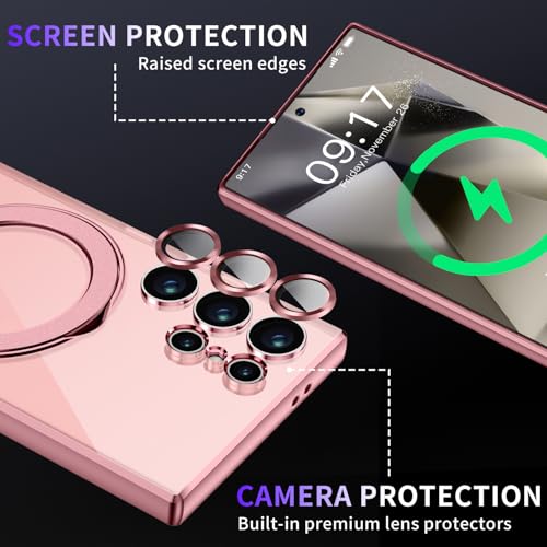 Image of Magnetic Stand & Full Camera Lens Protector Case for Samsung Galaxy S24 Ultra[Compatible with MagSafe][Military Drop Protective]Not Yellowing Clear Slim Soft S24 Ultra Phone Case for Women Men,Pink