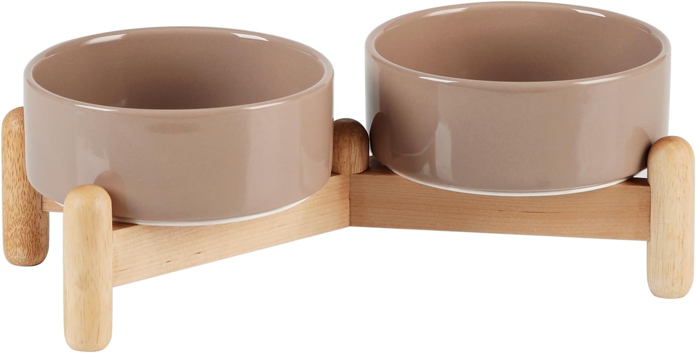 Ceramic 5.1inch Raised Double Bowls Set with Wooden Stand, Elevated Food & Water Bowls for Toy Breed Dogs, Cats, Kitty, Weighted Dog Dishes, Pet Bowls(13.5oz, Brown Coffee) Double Bowl with Stand - Brown Coffee 5.1''D