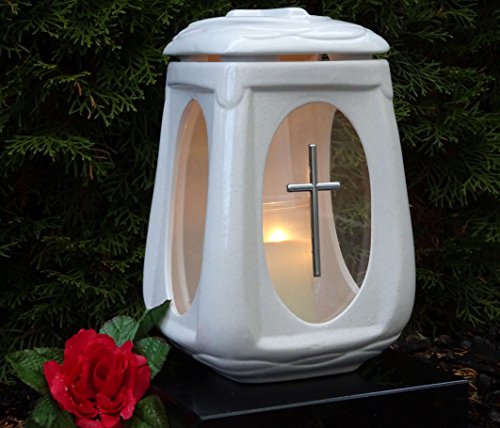 Preisvergleich Produktbild Grablampe Grablicht Keramik weiß Glas mit Kreuz und Grabkerze Grablaterne Grabschmuck Grableuchte Laterne Kerze Lampe Licht Grab