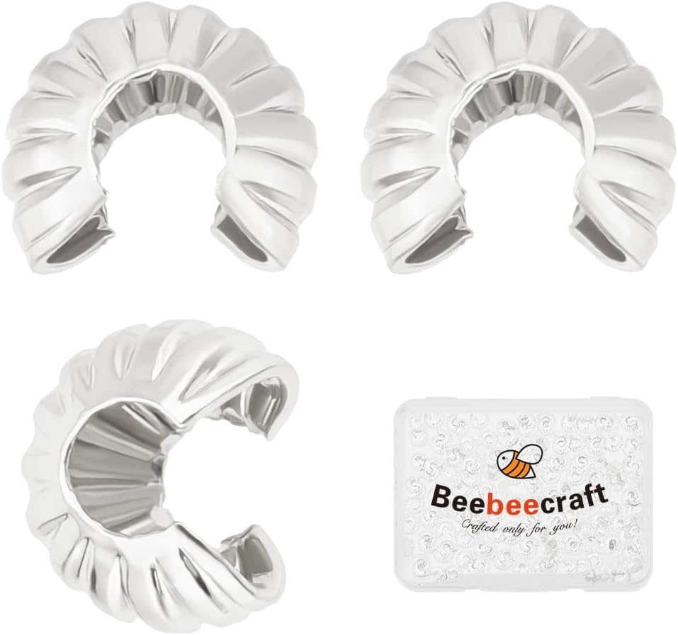 Beebeecraft 1 Box 160Pcs Half Round Open Crimp Beads 925 Sterling Silver Plated 5.5mm Crimp Bead Caps Stoppers Knot Covers End Tip for Jewelry Making Findings DIY Crafts Bracelets Necklace Supplies