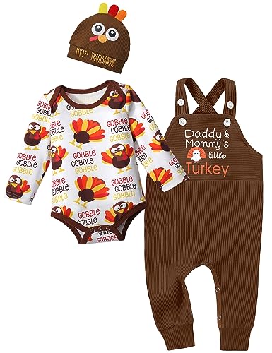 Image of Aulyffo My First Thanksgiving Baby Boy Outfit,Long Sleeve Romper+Suspender Pant+Turkey Hat 3PCS Thanksgiving Baby Boy Clothes