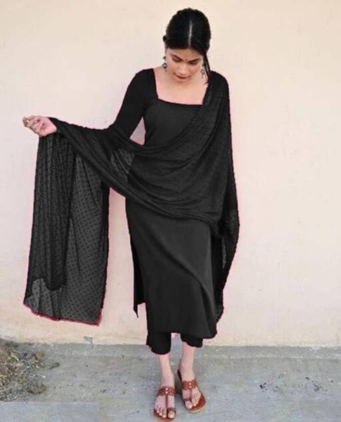 Image of Anveri Textiles Women's Cotton Blend Kurti with Square Neck Long Sleeves Solid Pattern A Line Style Ankle Length and Dupatta Set