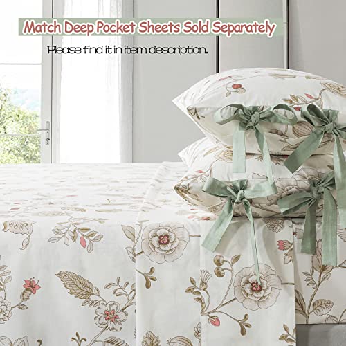 Fadfay Floral Bedding Set Queen 100% Cotton Shabby And Chic Beige Green Reversible Duvet Cover Vintage Pink Flower Print Bed Covers Luxury Girls Pretty Bowknot Soft Crisp Zipper Comforter Cover 3Pcs #TOP5