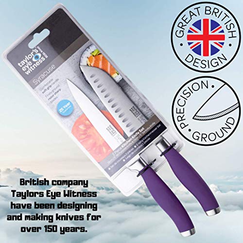 Taylors Eye Witness Syracuse Asian Kitchen Knife Set - Chefs Santoku 13cm/5” & Cooks All Purpose 13cm/5” Cutting Edge, Multi Use. Ultra Fine, Razor Sharp Blade. Soft Grip Purple Colour Handle.